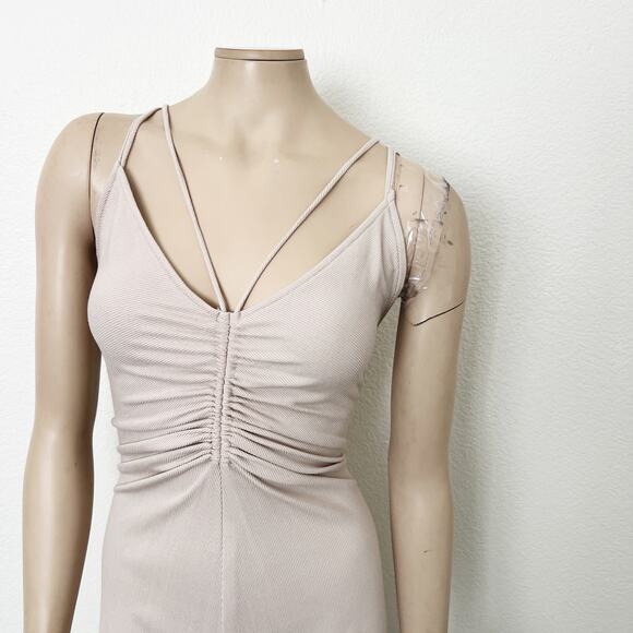 [VICI Collection] Beige Strappy Back State of Grace Ruched Midi Dress Size XL - Picture 4 of 10